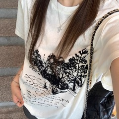 2024杏色日系レトロchi港味半袖上着半袖tシャツ女性夏デザイン小衆プリントゆるい