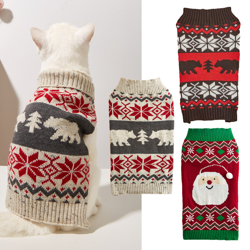Autumn and Winter New Dog Clothes Santa Claus Polar Bear Snowflake Wave Line Knitted Lapel Design Pet Sweater