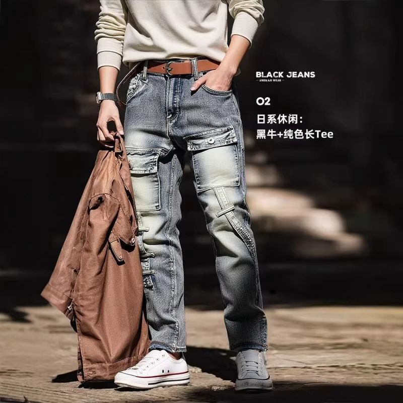 New cross-border motorcycle jeans for men, heavy-duty pocket design, small straight-leg, trendy and stylish slim-fit jeans