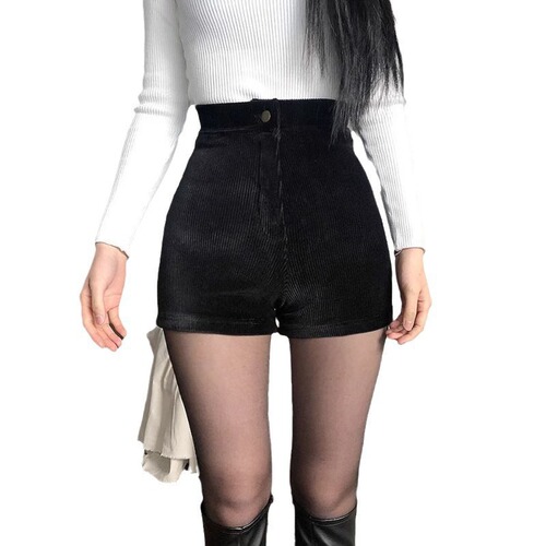 Black High-Waisted Corduroy Shorts for Women  Autumn/Winter New Tight Elastic Corduroy Casual Pants for Outerwear Boot