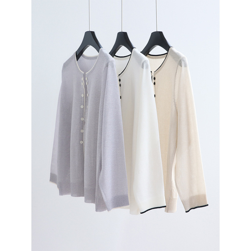 Buttonless Color-Blocked Thin Knit Cardigan for Spring and Summer, Long-Sleeve Air-Conditioning Shirt, Sun-Protective Round-Neck Top with Artistic Flair