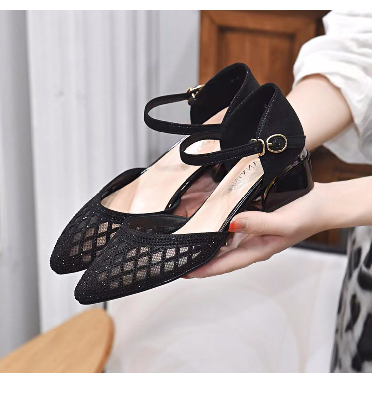 Sandal bít mũi lưới nữ gót thấp mũi nhọn thời trang rỗng khí chất — Màu đen chi tiết 5