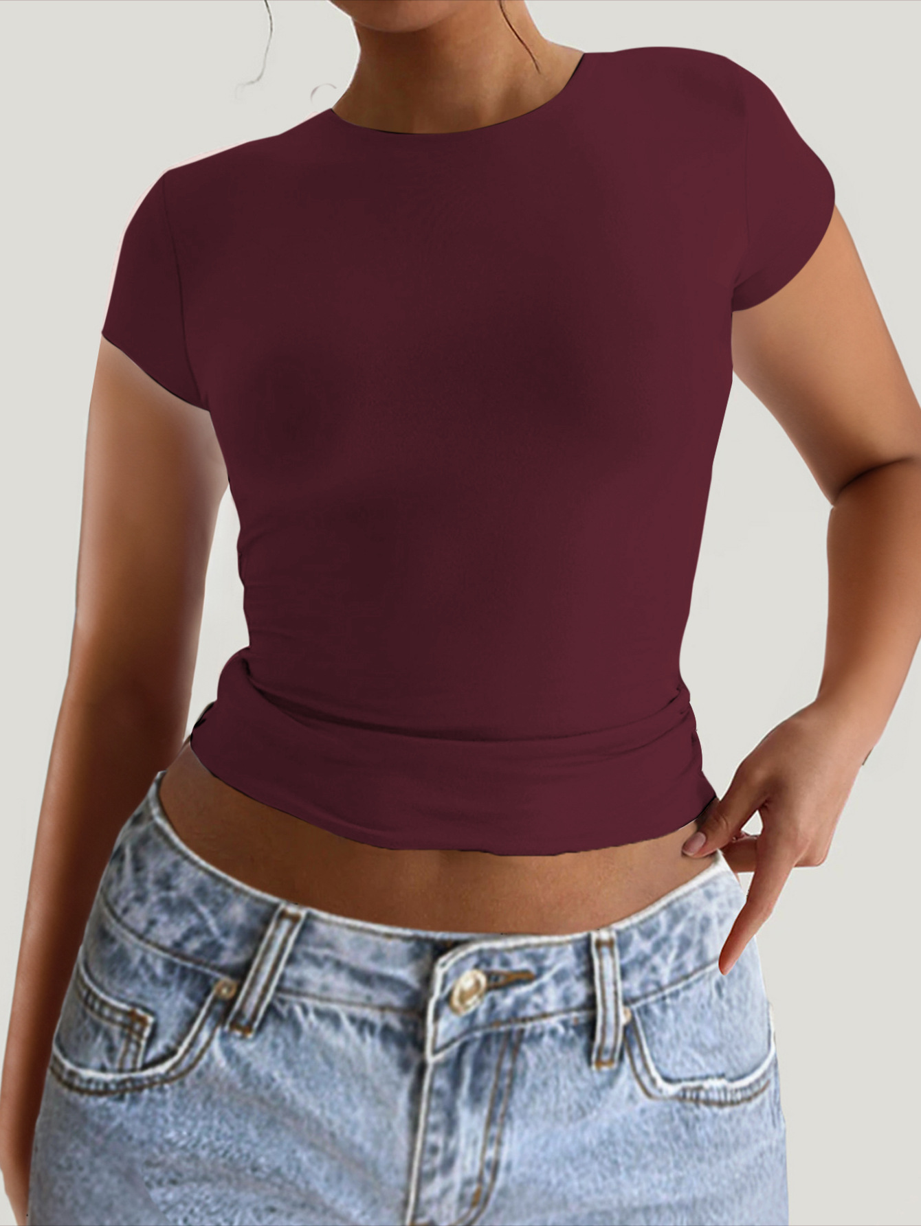 91g Weight Short Sleeve Sleeve Length Pullovers Placket Type Regular Sleeve Sleeve Type Spandex, Viscose fiber Fabric Type Regular Top Length T-shirt Tops Type Daily Occasion Round Neck Neckline Comfort Function Slim Fit Type Solid Color Pattern 2025 Spring and Summer Season Women's Gender Backless Design Streetwear Style Wholesale Women's Streetwear Solid Color Short Sleeve Backless T-Shirts 13