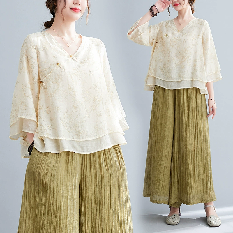 9012 Новый летний Ретро Художественный женщин пригородных V-образным вырезом свободные с несколькими кнопками напечатаны укороченный рукав топ + брюки