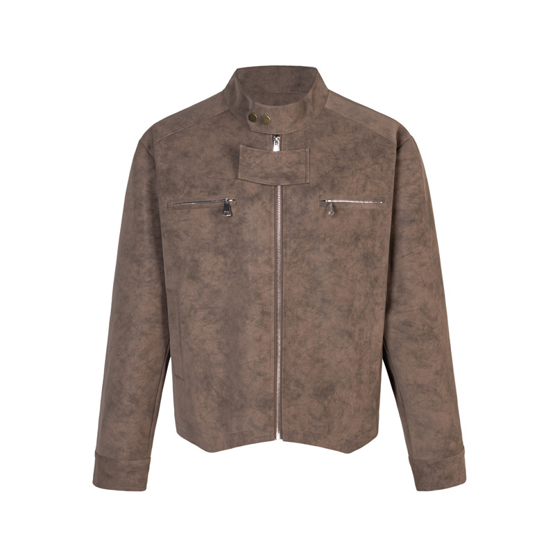 Giacca da motociclista marrone tie-dye con colletto alto per uomo e donna, giacca da lavoro ampia Maillard primaverile, popolare tra_voghion.com