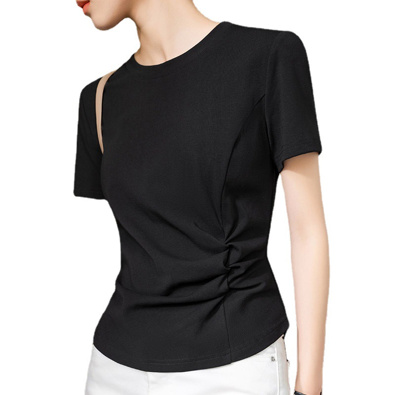 Camiseta de manga corta para mujer verano 2023 nuevo hombro de cuello redondo Mujer color sólido diseño Camiseta de algodón plisado cintura superior