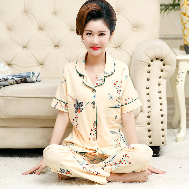 Pijama mujer de mediana edad y anciana suegra 100% algodón manga corta primavera y verano traje Delgado cardigan suelto más tamaño