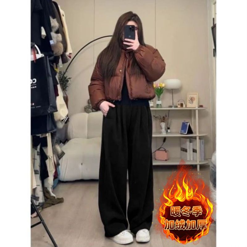 300斤大码女装美式直筒抽绳裤女秋冬胖mm显瘦加绒裤子阔腿裤女裤