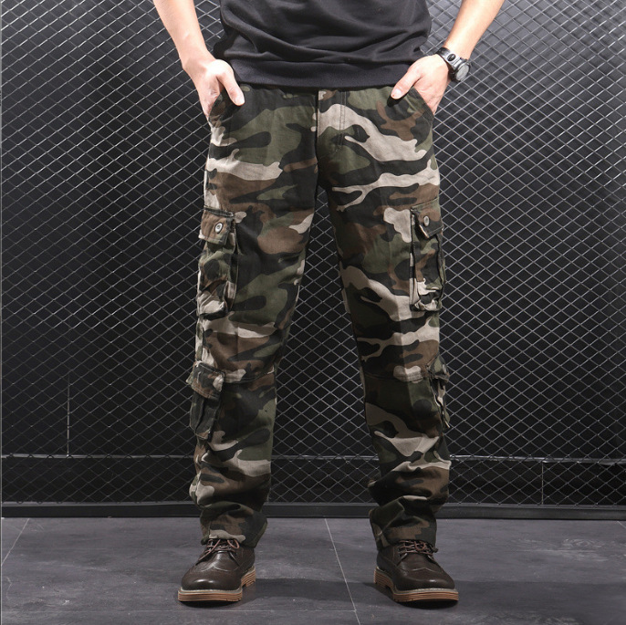 Otoño e Invierno nuevo multi-Bolsillo negro gris camuflaje guardapolvos hombres sueltos rectos más el tamaño resistente al desgaste pantalones casuales moda