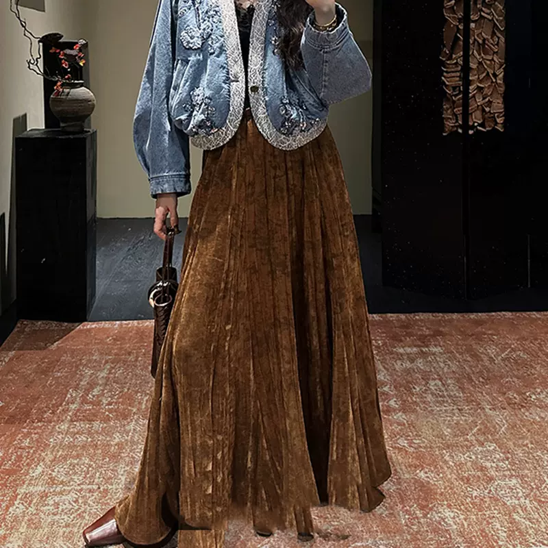 【暮染】民族风印花压绉雪尼尔半裙2025冬季新款时尚半身裙