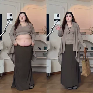 大码女装新款三件套不规则下摆开衫+内搭+半身裙遮肉显瘦懒人套装