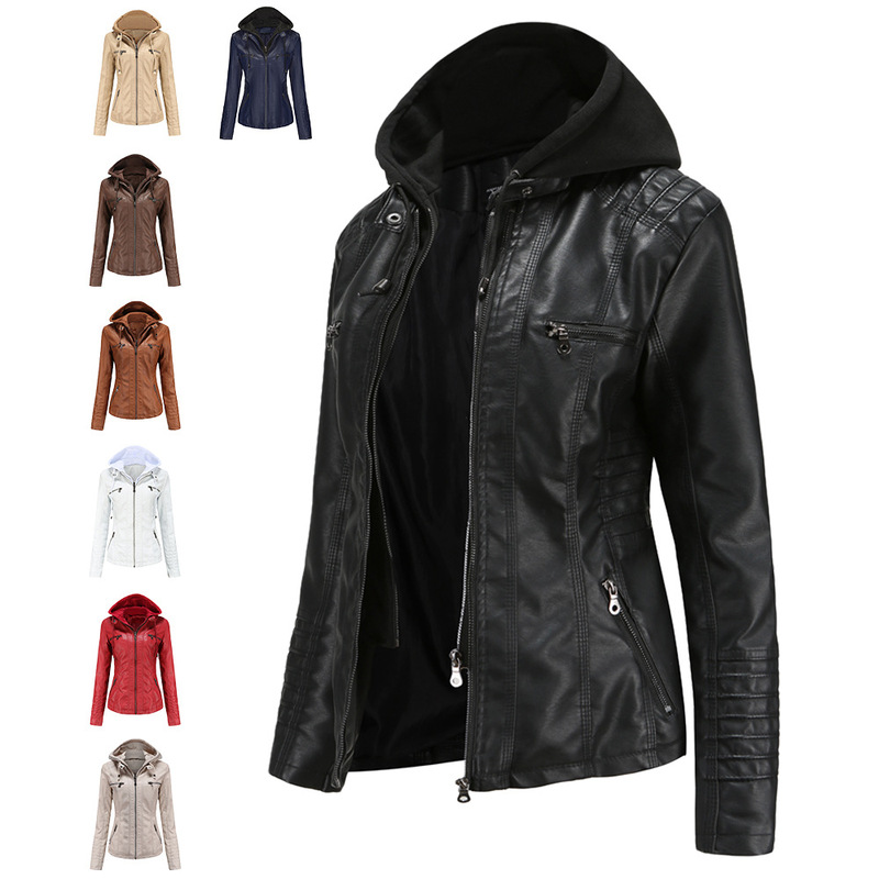 23 European and American Cross-Border Hooded Leather Jacket Two-Piece Set Removable Large Size Leather Jacket Women's Spring & Fall Jacket Women's Pu Washed Leather 23 European and American Cross-Border Hooded Leather Jacket Two-Piece Set Removable Large Size Leather Jacket Women's Spring & Fall Jacket Women's Pu Washed Leather