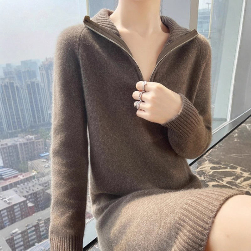 2025秋冬新款针织连衣裙女士半开拉链翻领毛衣裙中长款针织过膝裙|undefined