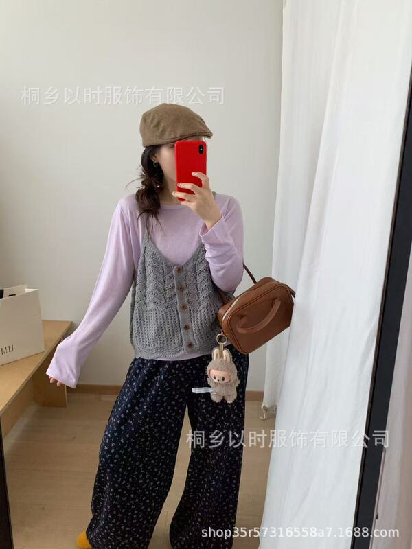 以时 韩系早秋新品得穿针织吊带 减龄设计感镂空羊毛混纺针织背心|undefined
