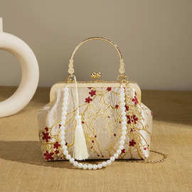 原创金底红花复古配旗袍汉服茶服婚嫁手提送长辈斜挎女古风喜婆包