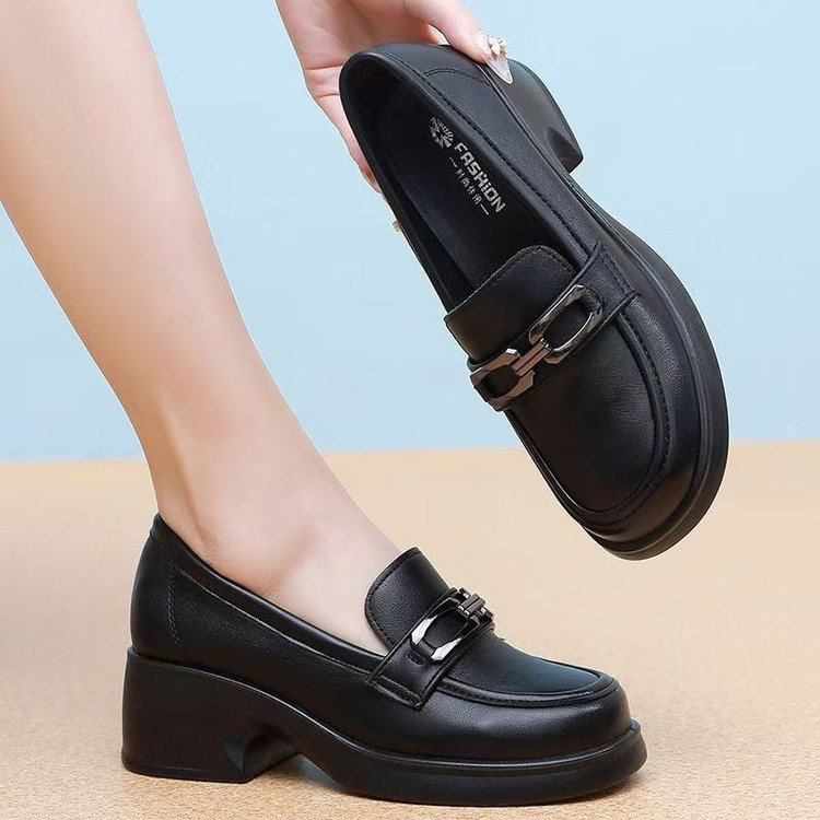 Zapatos Lofu de suela gruesa de suela blanda, zapatos de trabajo, mujeres 2024 otoño nuevos zapatos de tacón grueso, zapatos de cuero de estilo británico, un pie