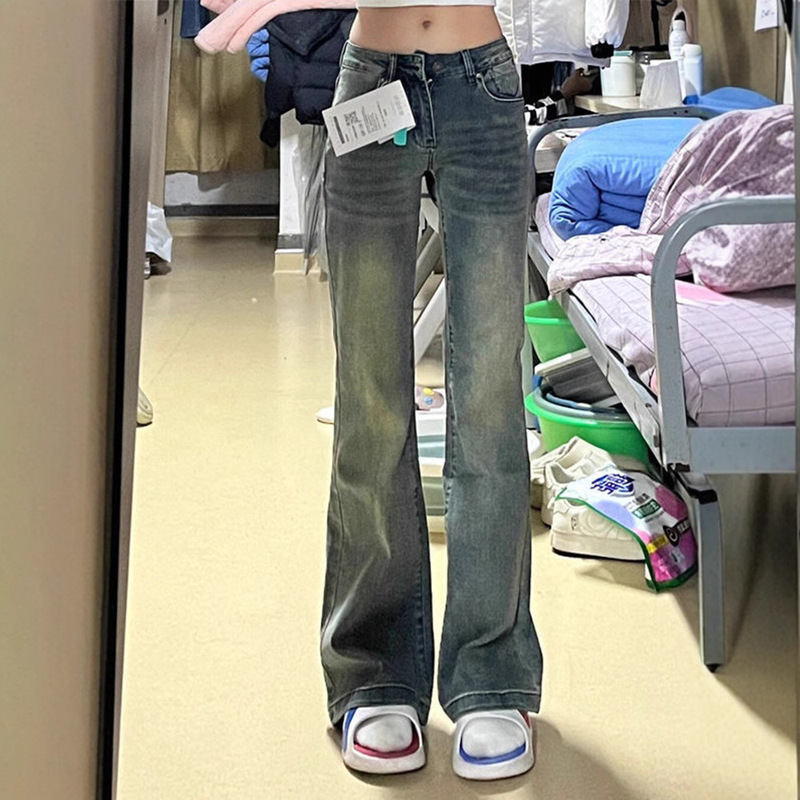 Cement Gray Bootcut Jeans for Women, Low-Waisted, Retro Hong Kong Style, Slim Fit, Flared Pants for Small People, Showing Long Legs