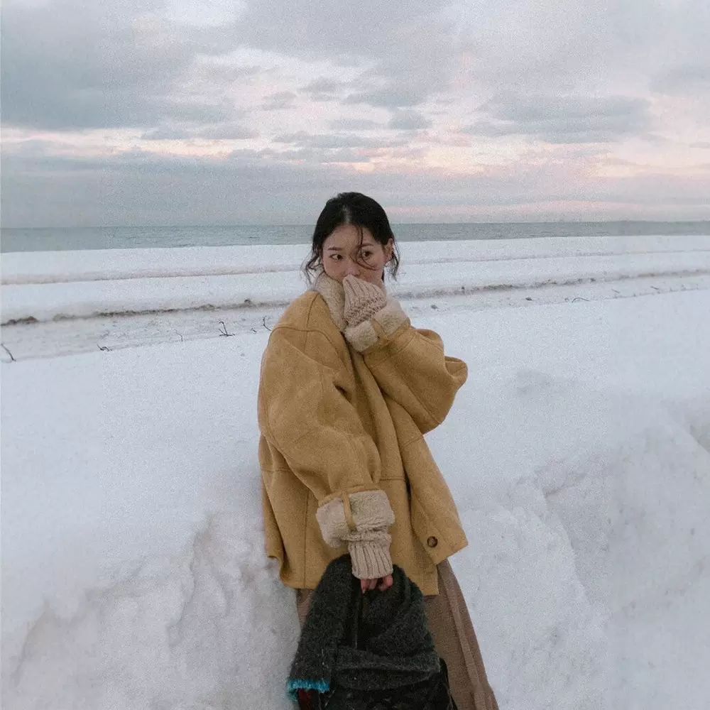 生c 麂皮雪花绒皮毛一体外套女2025秋冬季宽松休闲单排扣翻领夹克