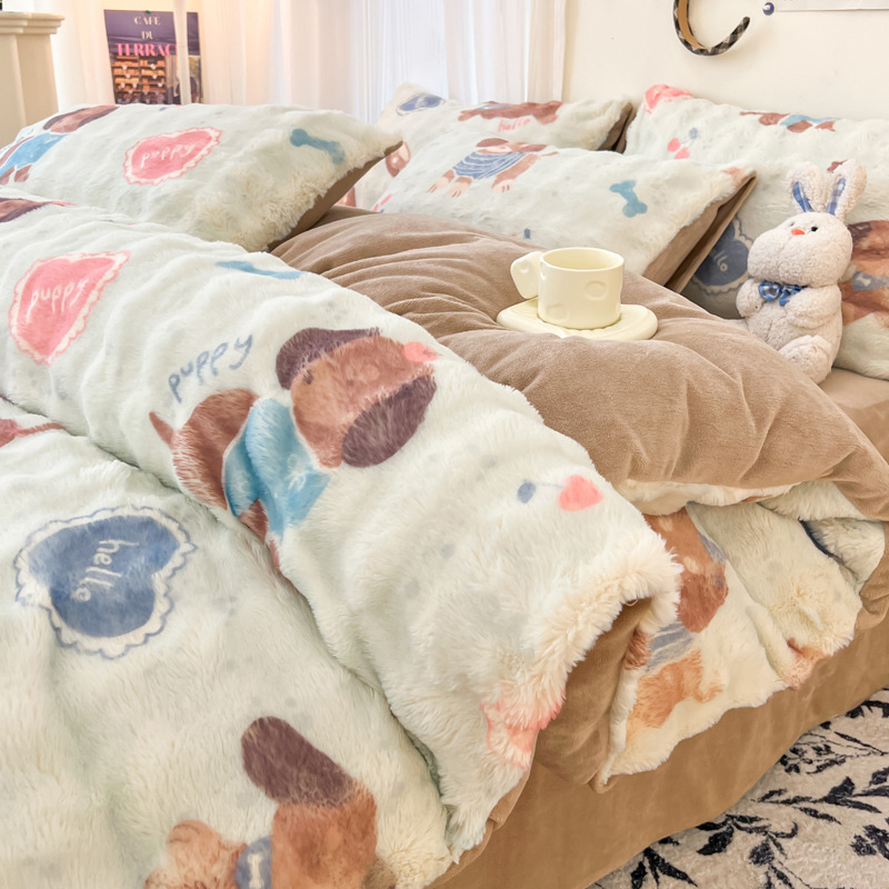 2024 nuevo traje de cuatro piezas de felpa de conejo de invierno más terciopelo de lana de leche franela de coral funda de edredón sábana de invierno
