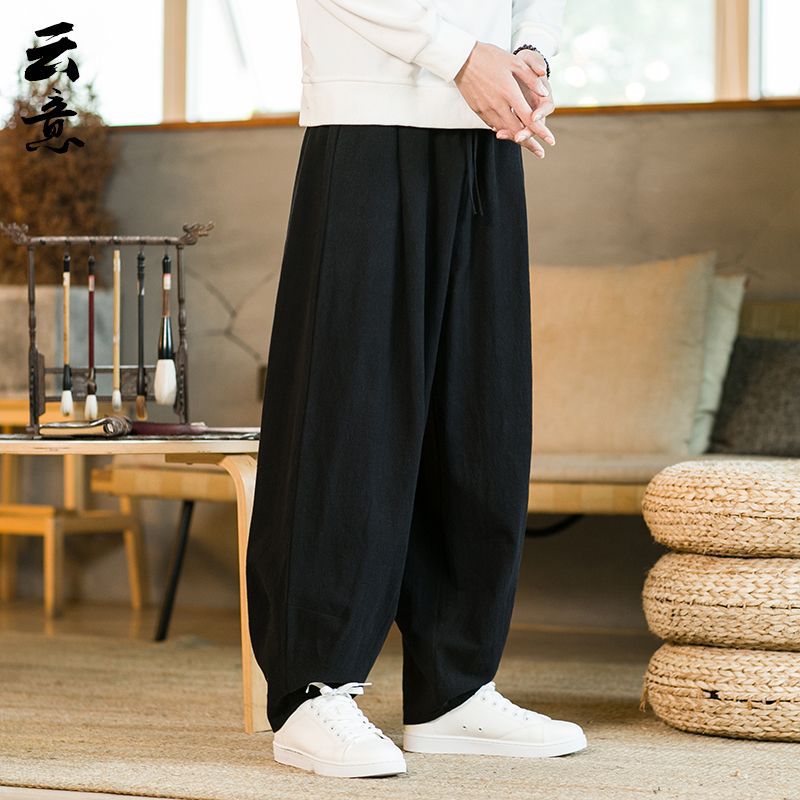 Pantalones de Tai Chi Pantalones de entrenamiento de artes marciales de talla grande de estilo chino de primavera y otoño para hombres Pantalones de bombachos sueltos de pierna ancha Pantalones largos de kung fu de algodón y lino