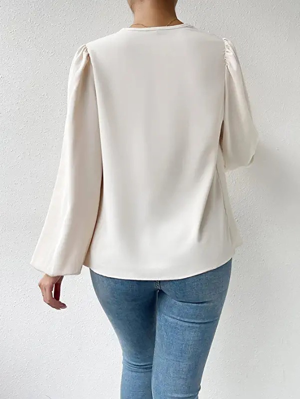 long-sleeved loose draped v-neck solid color chiffon top NSMVS139816