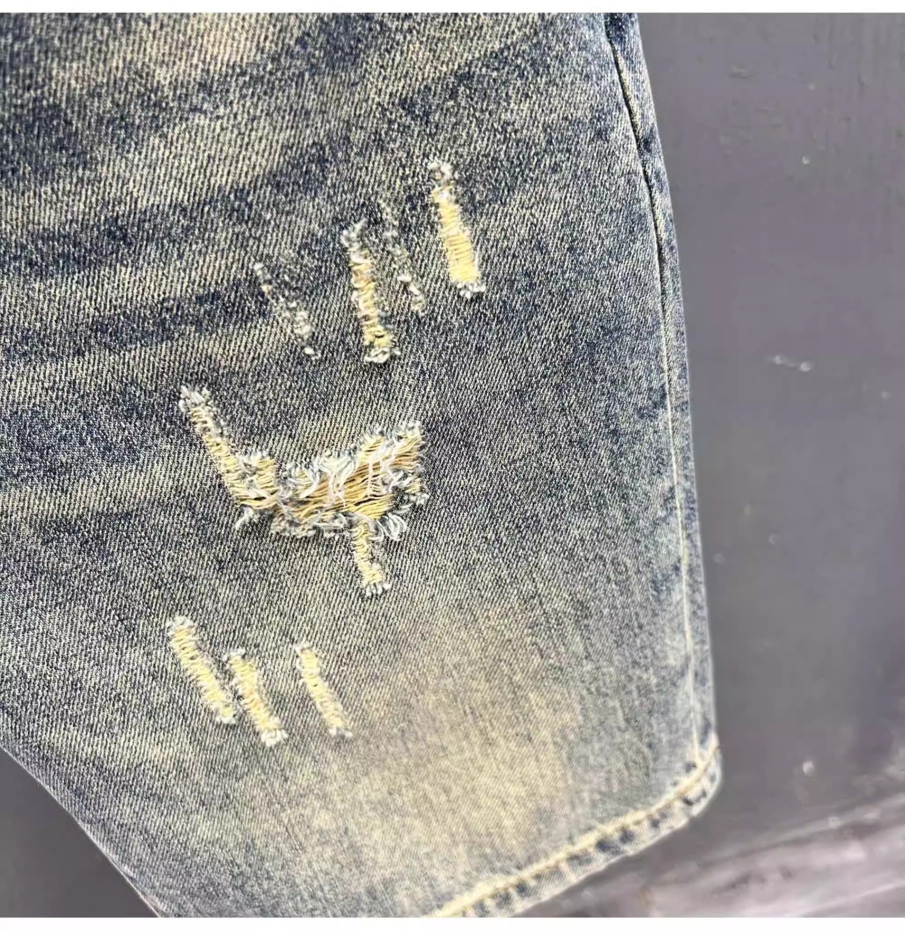 Men's Lightweight Distressed Denim Shorts Trendy High End Printed Patchwork Mid-Length Stretch Five-Point Pants Summer_mkmklike.com