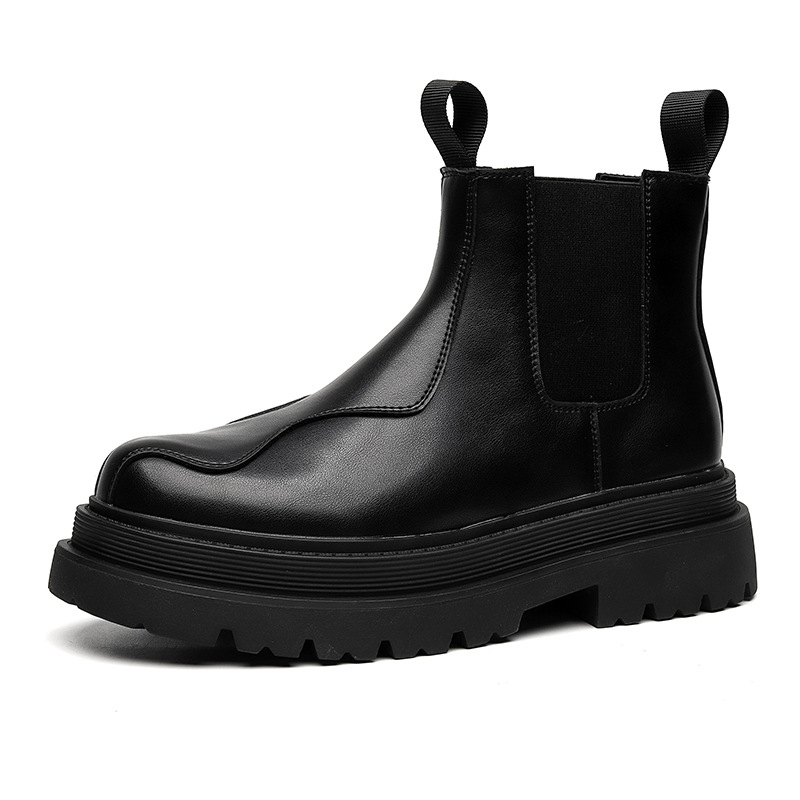 Autumn new niche black leather chimney boots, men's thick soled raised sleeve, trendy boots 33162-R_voghion.com