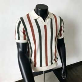 夏季条纹撞色翻领短袖t恤男士潮牌个性时尚休闲针织polo衫上衣服