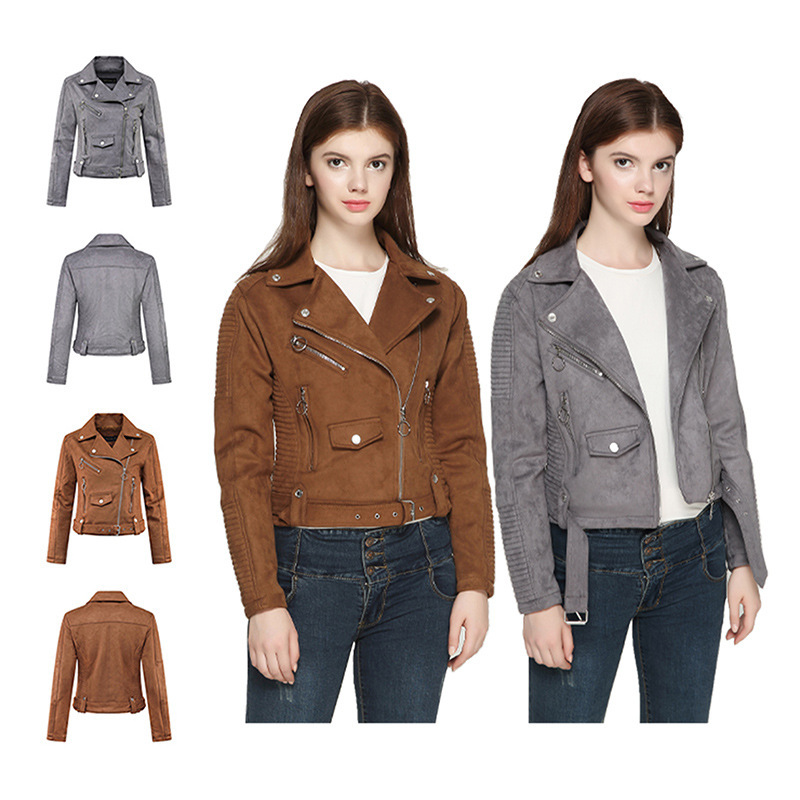 Cross-border women's clothing wholesale European and American zipper slim padded suede leather jacket jacket small size Korean fashion