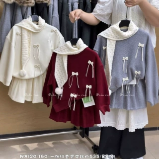 韩版女童套装2026新休闲时髦儿童卫衣冬装一体绒套裙两件套带围巾