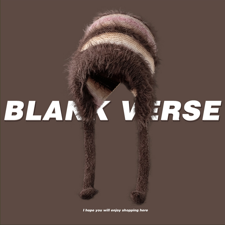 Cappello di lana lavorato a maglia con lacci, protezione per le orecchie, autunno e inverno, colore sfumato, a righe, caldo, in peluche, da donna_voghion.com