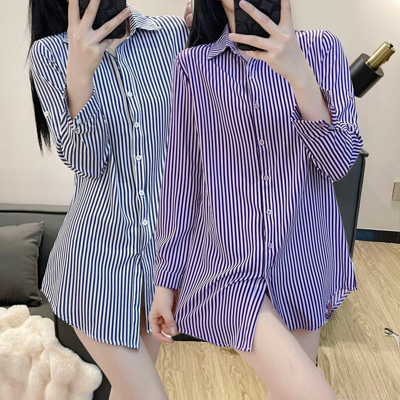 Shirt Women's Spring and Autumn Official Flagship Store Fashion High-end Light Luxury Striped Print Mid-length Women