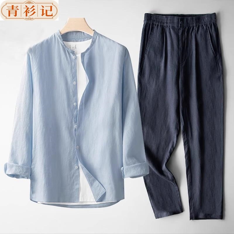 Nuevo conjunto de ropa de lino chino para hombres retro delgado de manga larga estilo chino algodón lino transpirable camisa casual de dos piezas