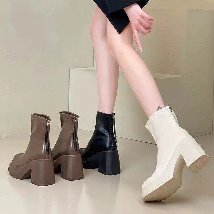 时尚小个子韩版时装靴女2024秋冬新款粗跟马丁靴高跟气质小短靴