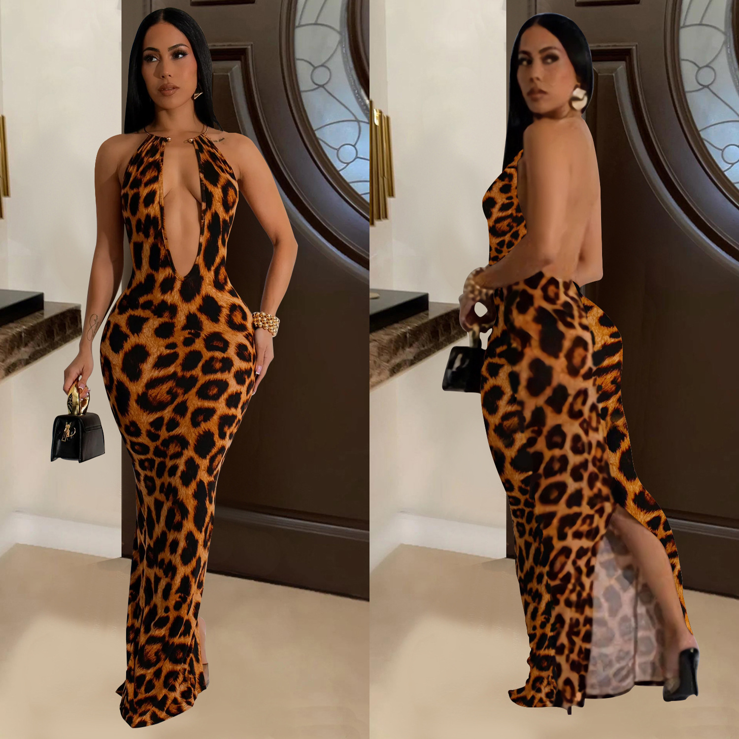 C6982 Aliexpress transfronterizo Amazon estación independiente de moda europea y americana vestido de leopardo salvaje vestido largo image 3