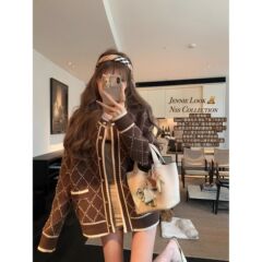 感超好看针织开衫外套女秋冬季风设计感撞色菱格长袖毛衣