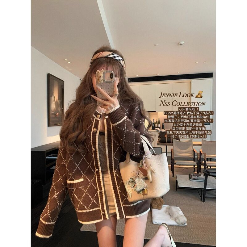 感超好看针织开衫外套女秋冬季风设计感撞色菱格长袖毛衣|undefined