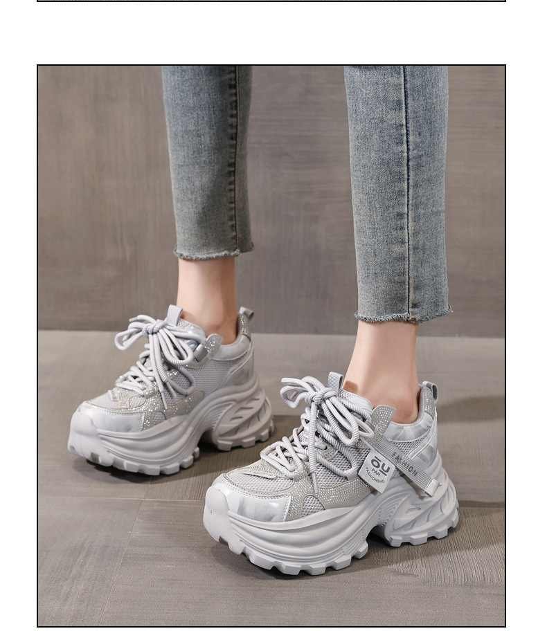Giày sneaker nữ chunky đế dày lưới thoáng khí đính đá rhinestone — màu be chi tiết 13