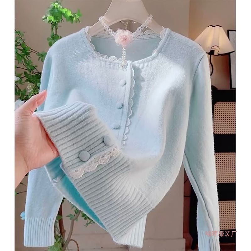 Sweet and Gentle Lace-Trimmed Milk Blue Sweater Coat for Women, New Spring and Autumn Style, Unique and Stylish Knitted Cardigan Top