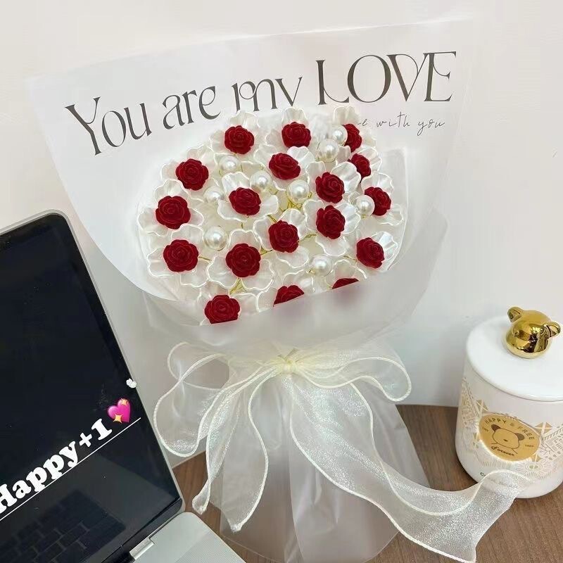 Red Velvet Rose Handmade DIY Bouquet Flower Material Kit, Creative Gift for Best Friend, Girlfriend, Teacher's Day