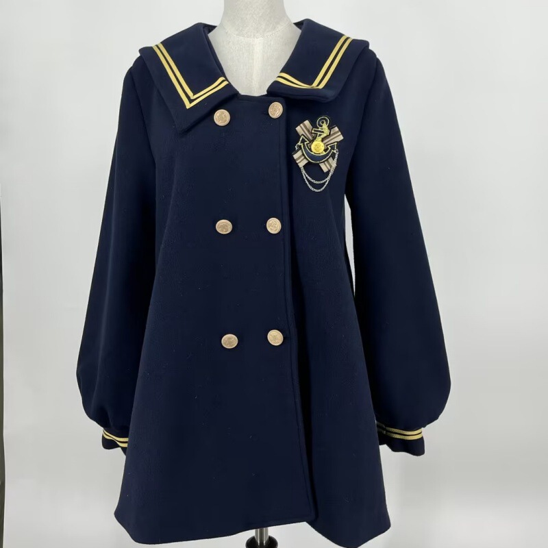 Japanese-Style Mid-Length Solid Color Sailor Collar Coat with Gold Buttons, Double-Breasted Navy Collar Woolen Jacket, Preppy Style Jk Uniform