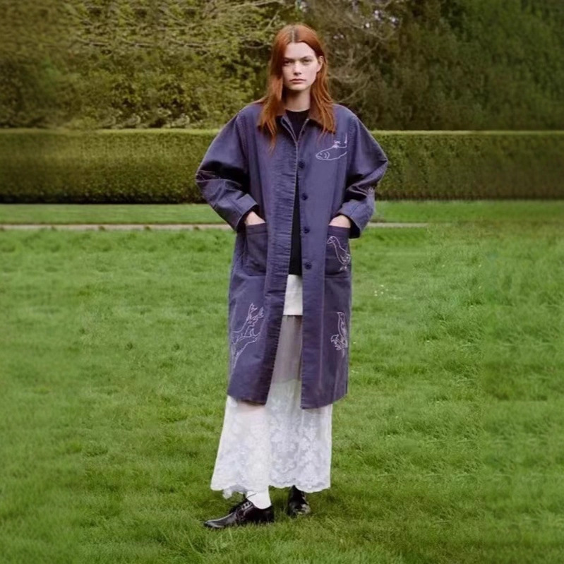 Women's Jacket Autumn and Winter 25 New Style Cartoon Animal Embroidery Color-Blocking Corduroy Lapel Loose Pocket Jacket Trench Coat