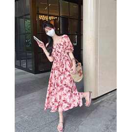 法式别致连衣裙子夏季女装水墨晕染玫瑰花褶皱收腰碎花a字中长裙