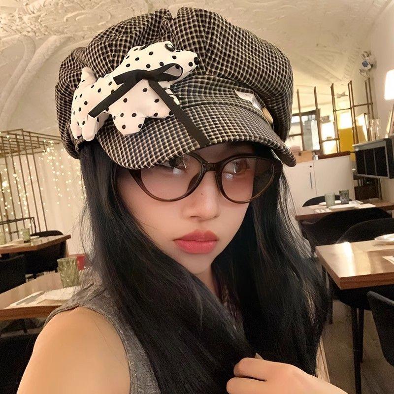 可爱波点小狗贝雷帽薄款夏季显脸八角帽百搭大头帽子云朵格纹帽|undefined
