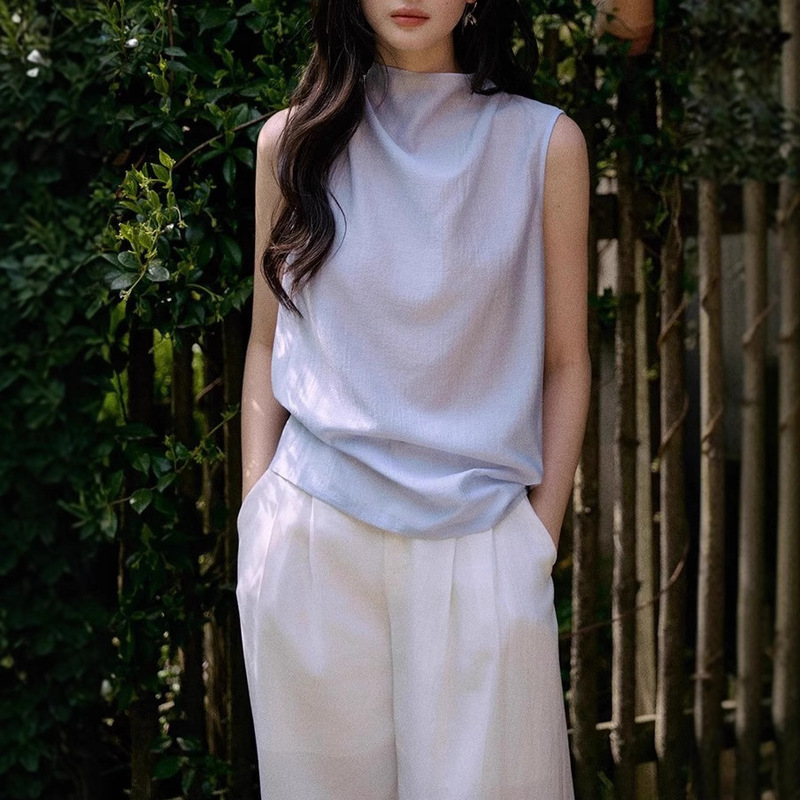 Jicouture Two-Color Acetate Sleeveless Shirt for Women in Summer, Loose, Elegant and High-End Thin Top Jicouture Two-Color Acetate Sleeveless Shirt for Women in Summer, Loose, Elegant and High-End Thin Top