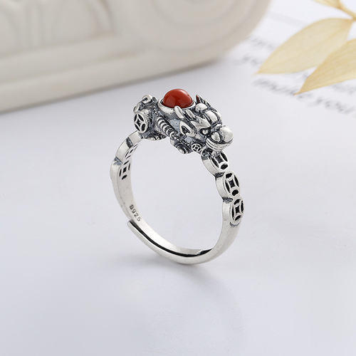 Yunchaoxuan S925 sterling silver retro aged matte craftsman Pixiu coin southern red inlaid antique style open ring