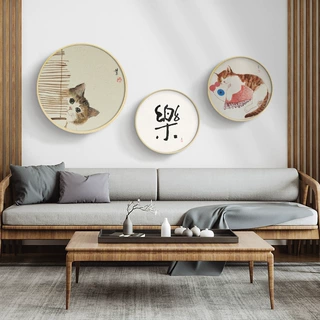 艺术微喷打印原木风客厅装饰画圆形猫咪挂画北欧餐厅玄关过道走廊