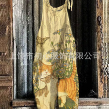 外贸跨境2025新款女装欧美夏季小清新3D印花复古背带裤宽松款式
