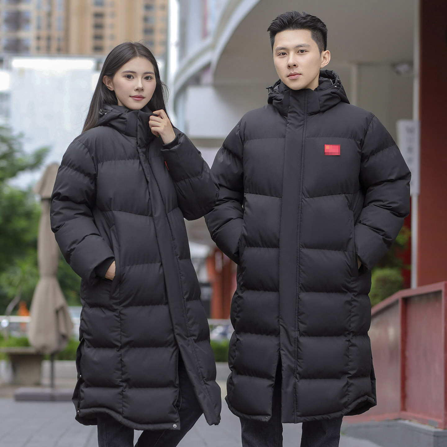 National flag-themed long cotton coat, over-the-knee length, hooded, thickened, down-filled, winter training wear, sports training, winter training coat, in stock