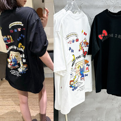2025春夏新作韓国風老化防止リボンレタープリント純綿猫半袖ヨーロッパ風大きいサイズTシャツ女性用